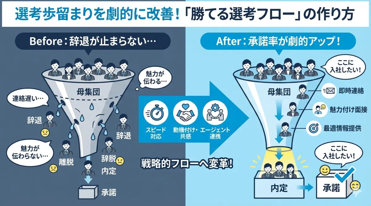  選考辞退が止まらない？歩留まりを劇的に改善する「勝てる選考フロー」の作り方